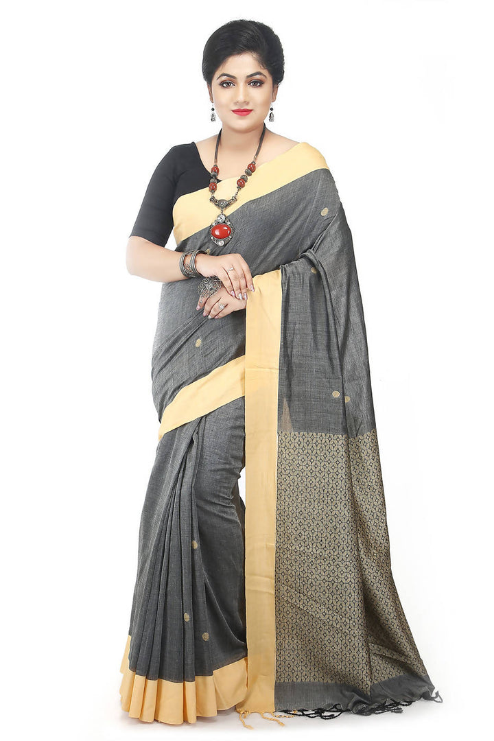 Handloom bengal grey black cotton saree