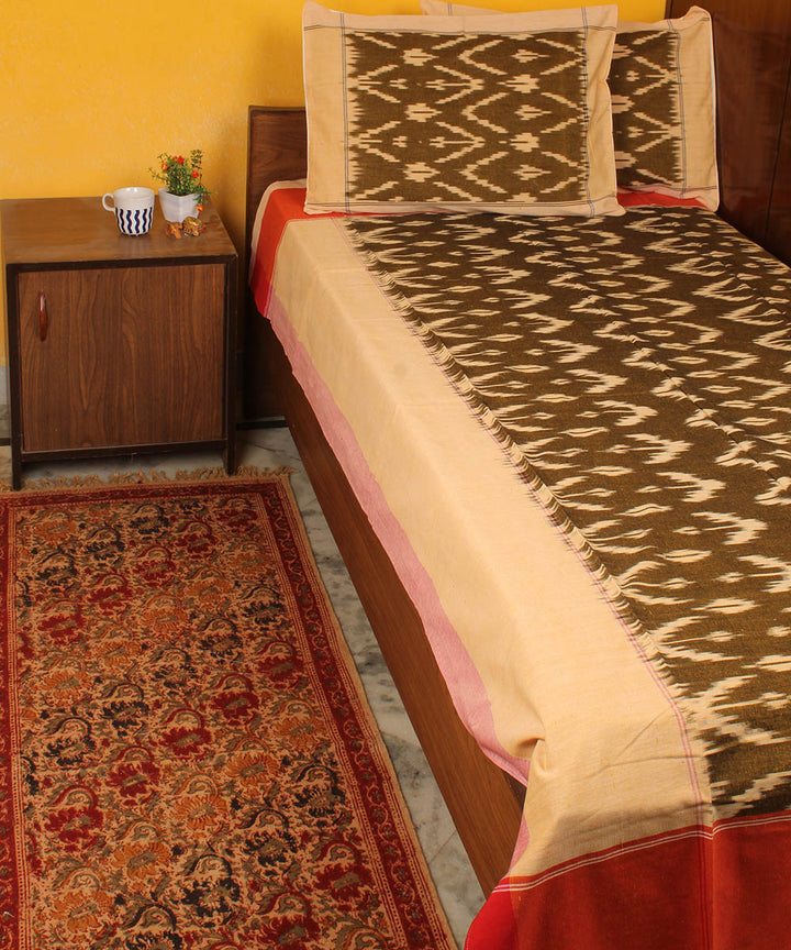 Olive green cotton handwoven pochampally ikat bedsheet