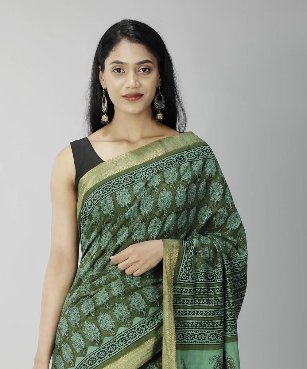 Dark green bagru handblock printed cotton saree