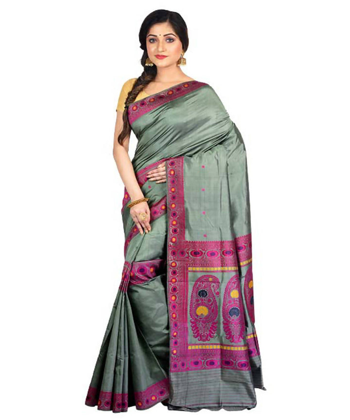 Grey green handwoven baluchari silk saree