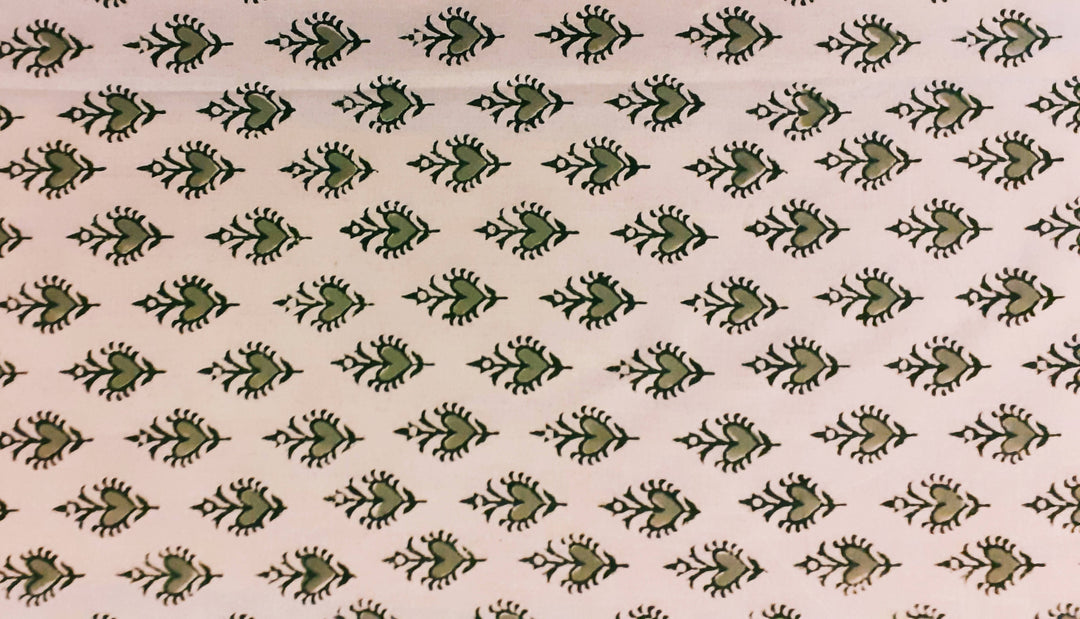 Green off white hand block printed cotton bedsheet with pillow cover