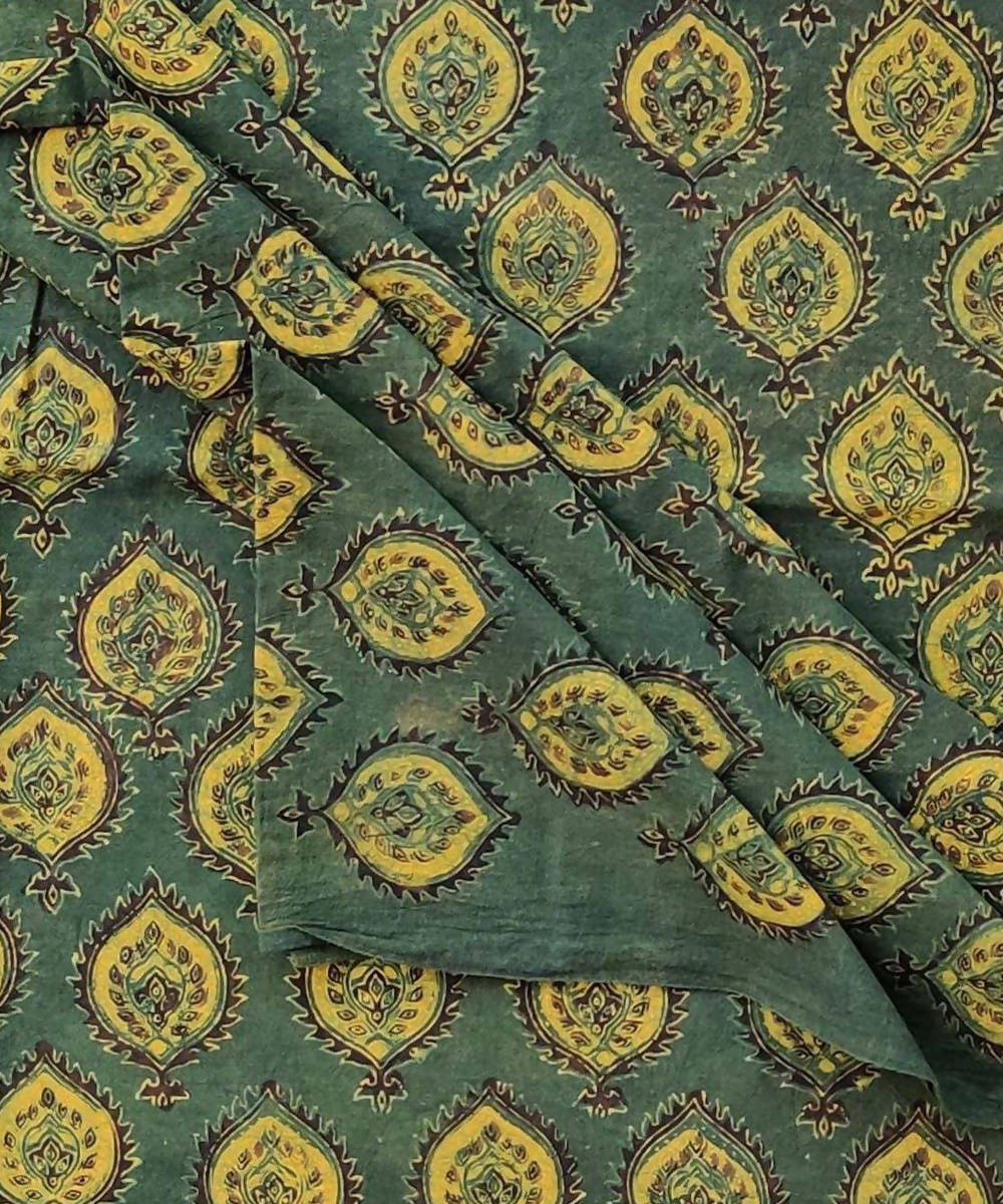 2.5m Green yellow natural dye ajrakh print handspun cotton fabric