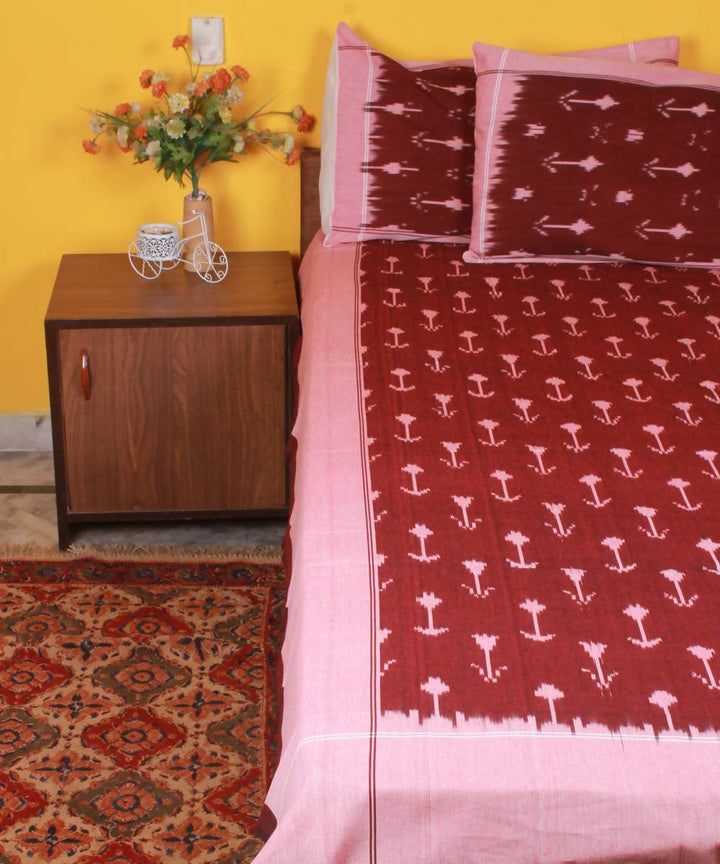 Maroon Handloom Ikat Double Cotton Bedsheet