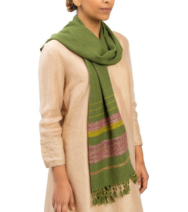 Green handwoven panchachuli wool pashmina scarf