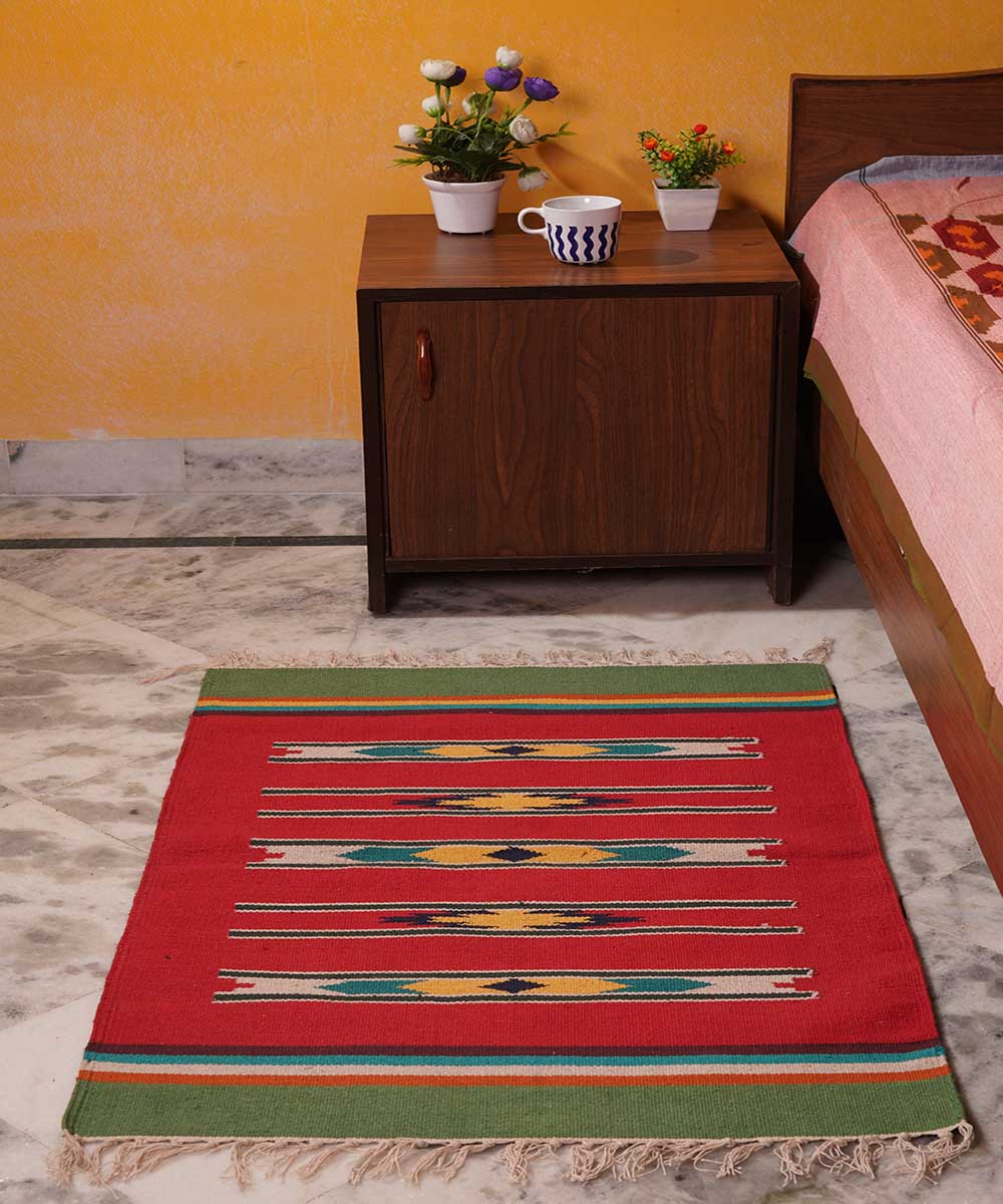 Red handwoven interlock cotton dhurrie