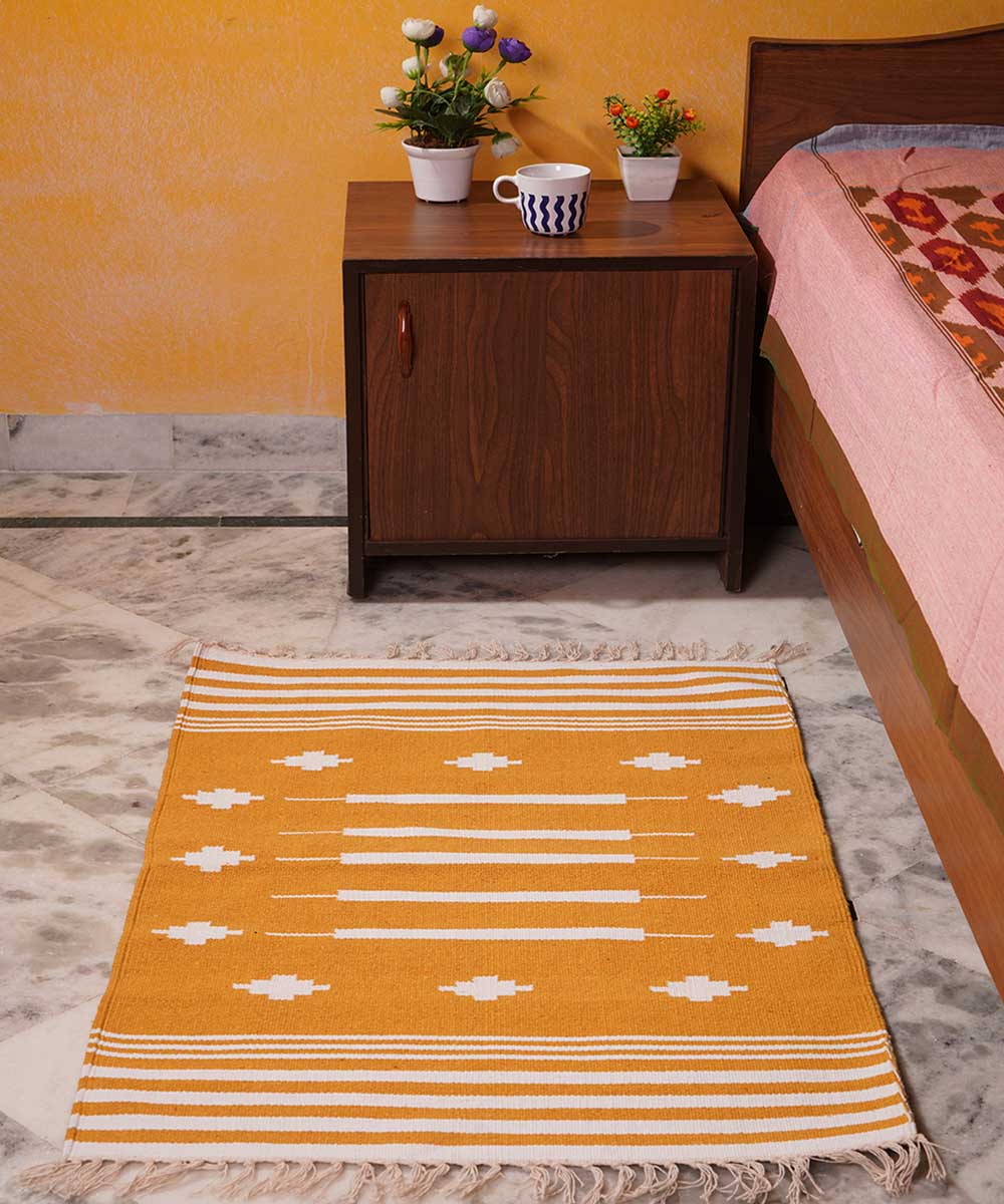Yellow hand loom interlock cotton dhurrie