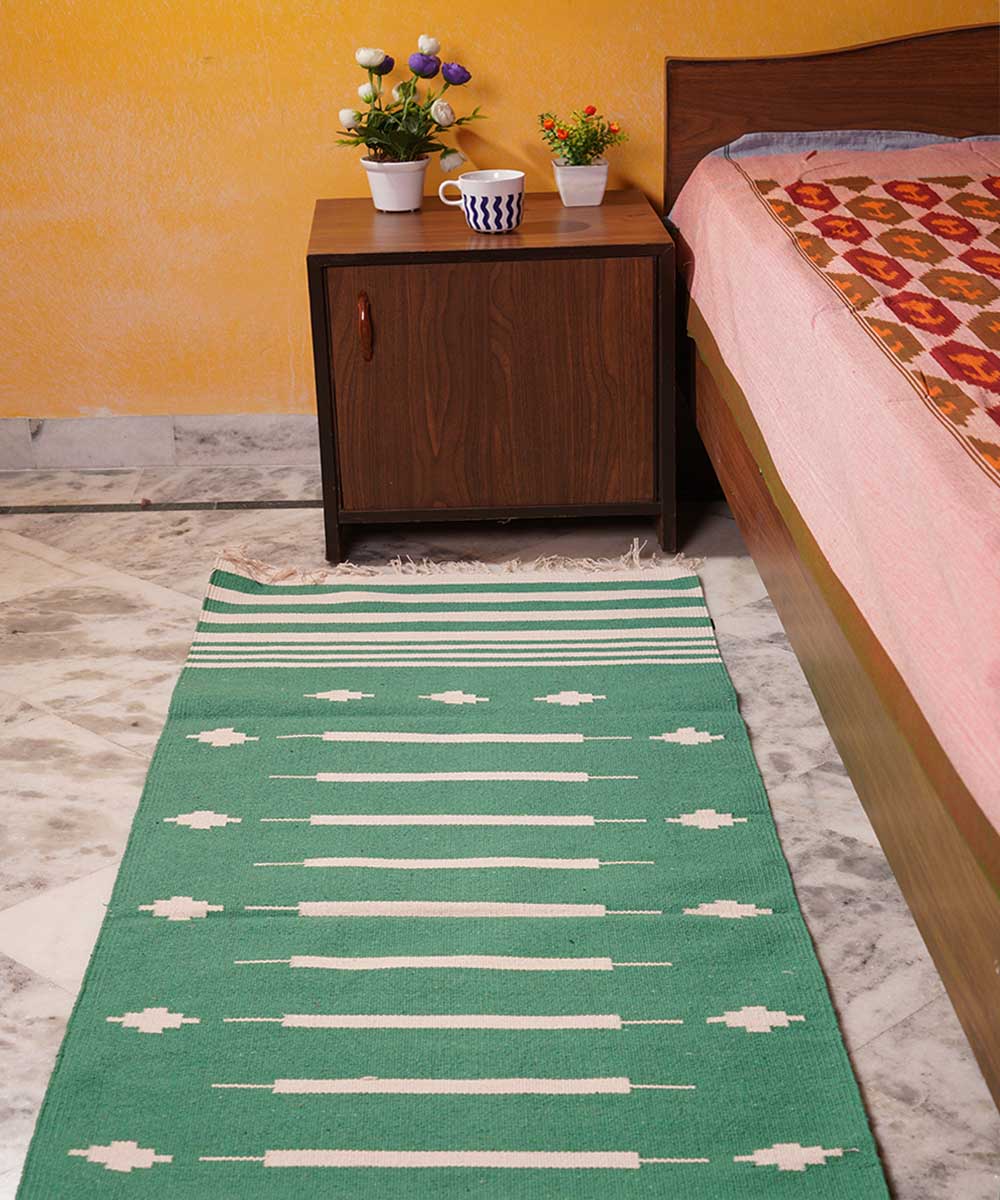 Green hand woven cotton interlock dhurrie