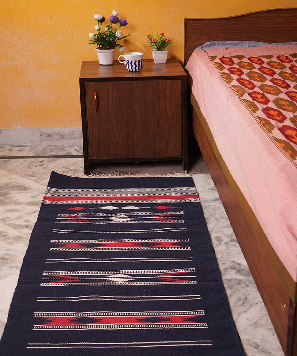 Dark blue handwoven cotton interlock dhurrie