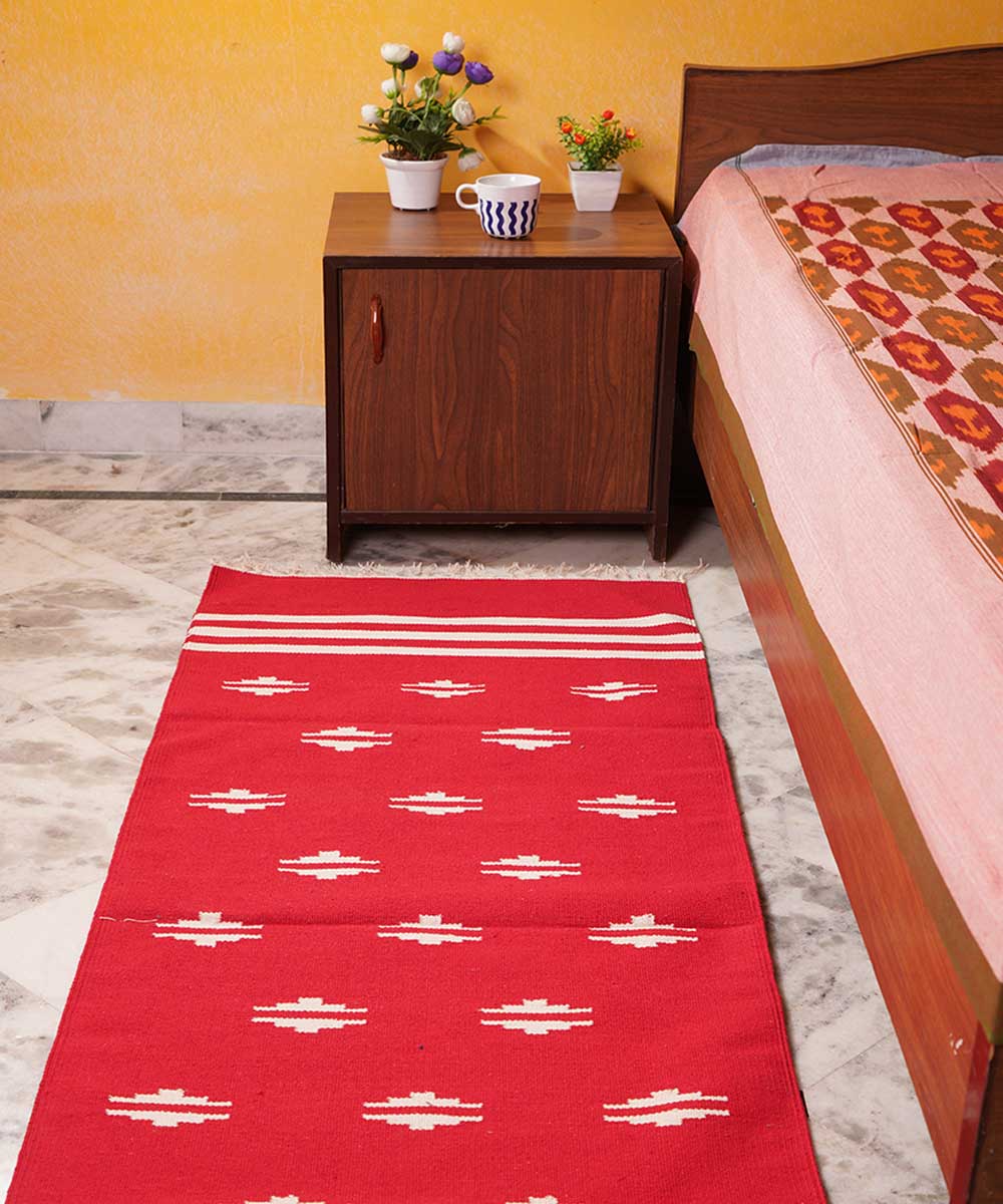 Red hand loom cotton interlock dhurrie