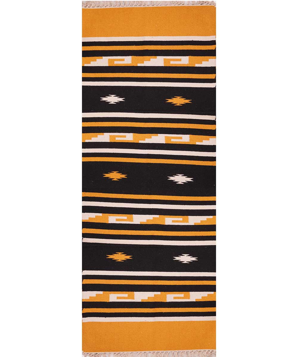 Black yellow handwoven cotton interlock dhurrie