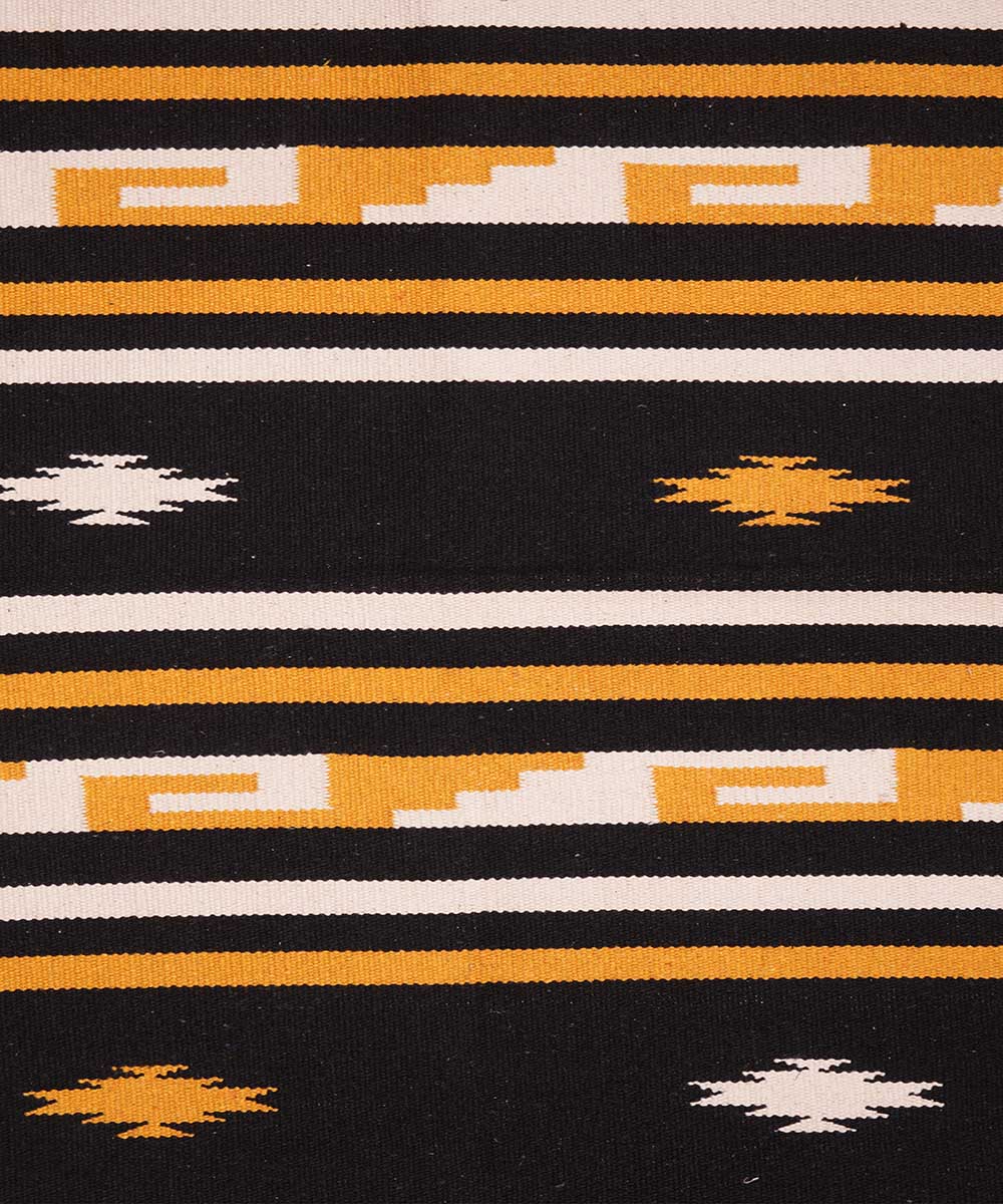 Black yellow handwoven cotton interlock dhurrie
