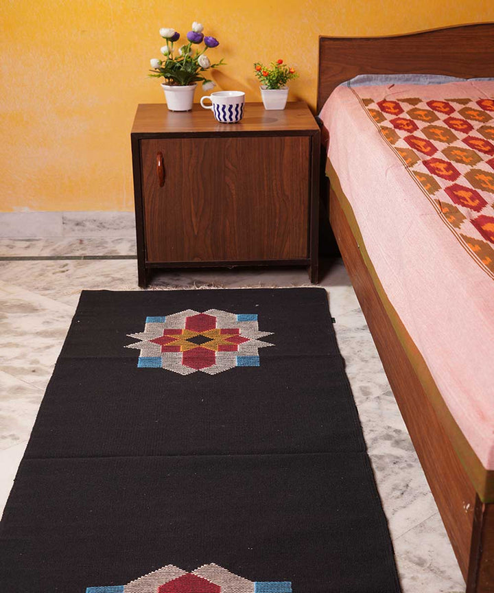 Black hand woven interlock cotton dhurrie