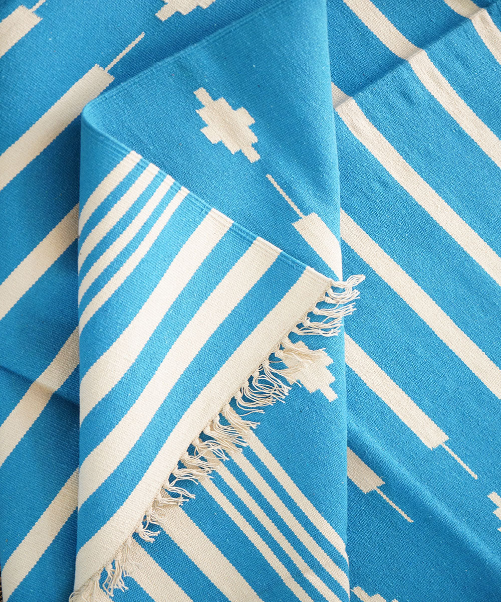 Sky blue handwoven cotton interlock dhurrie