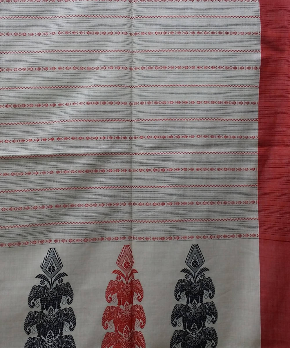 Bengal handspun handloom cotton beige and red saree