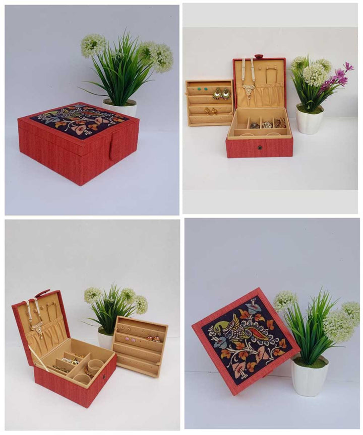 Orange handcrafted ghicha silk kalamkari jewellery box