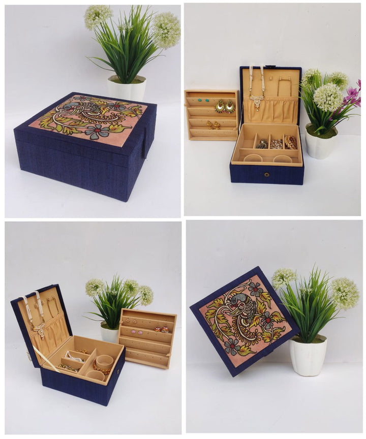 Blue handcrafted ghicha silk kalamkari jewellery box