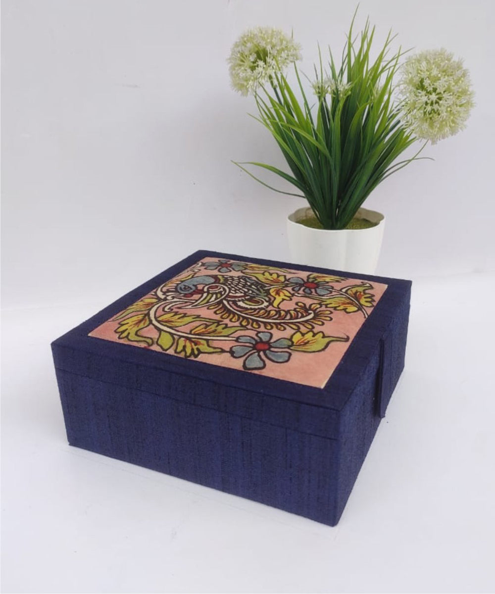 Blue handcrafted ghicha silk kalamkari jewellery box