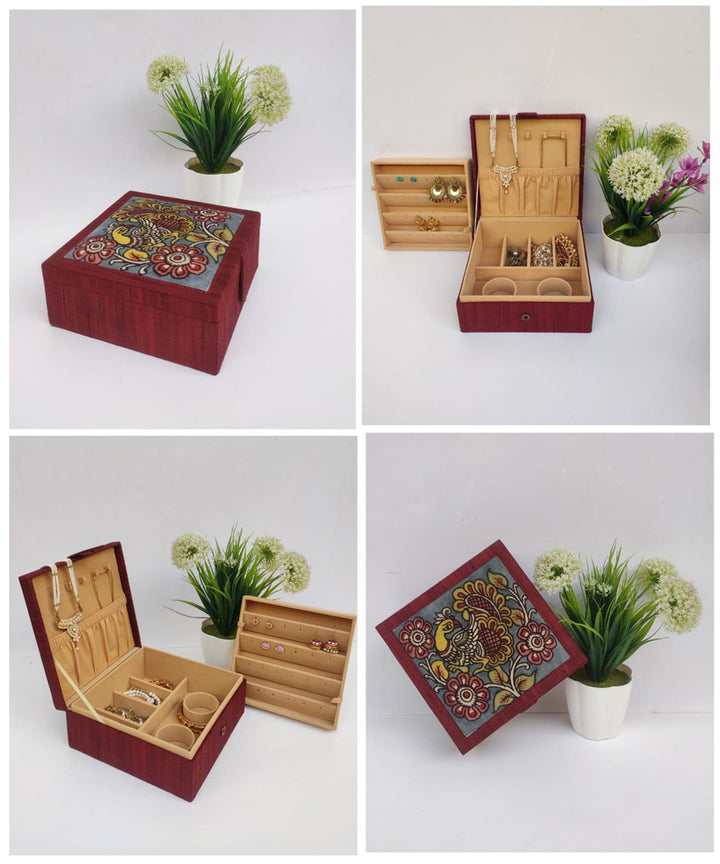 Maroon handcrafted ghicha silk kalamkari jewellery box