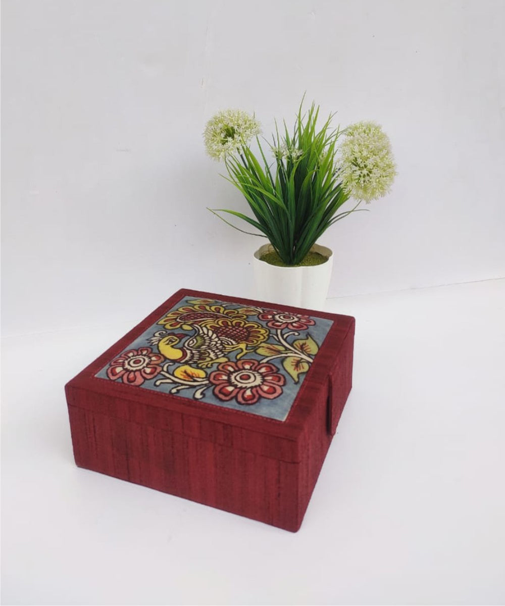 Maroon handcrafted ghicha silk kalamkari jewellery box