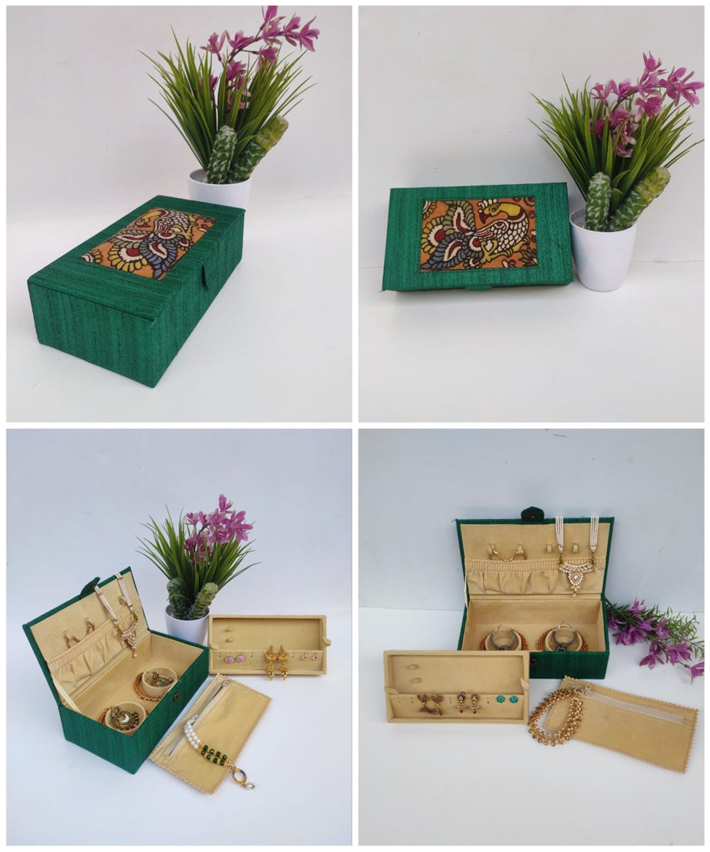 Green hand crafted ghicha silk kalamkari jewellery box