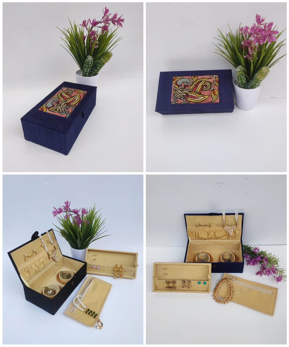 Blue hand crafted ghicha silk kalamkari jewellery box