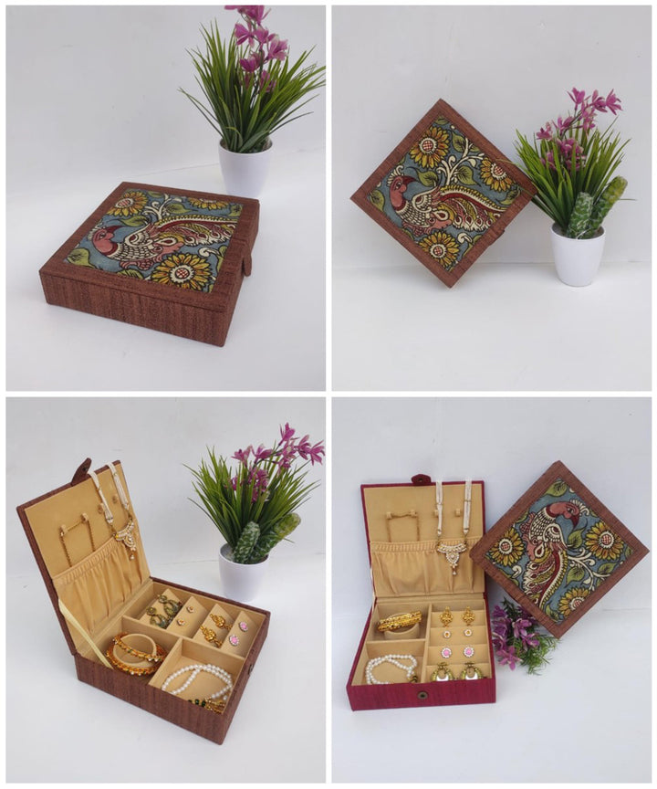 Brown handmade ghicha silk kalamkari jewellery box