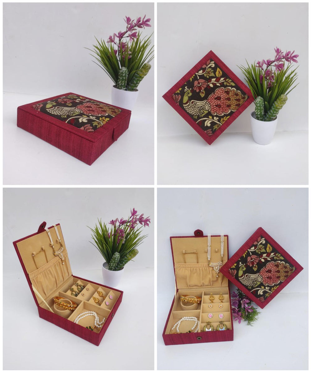 Maroon handmade ghicha silk kalamkari jewellery box