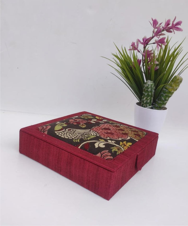 Maroon handmade ghicha silk kalamkari jewellery box