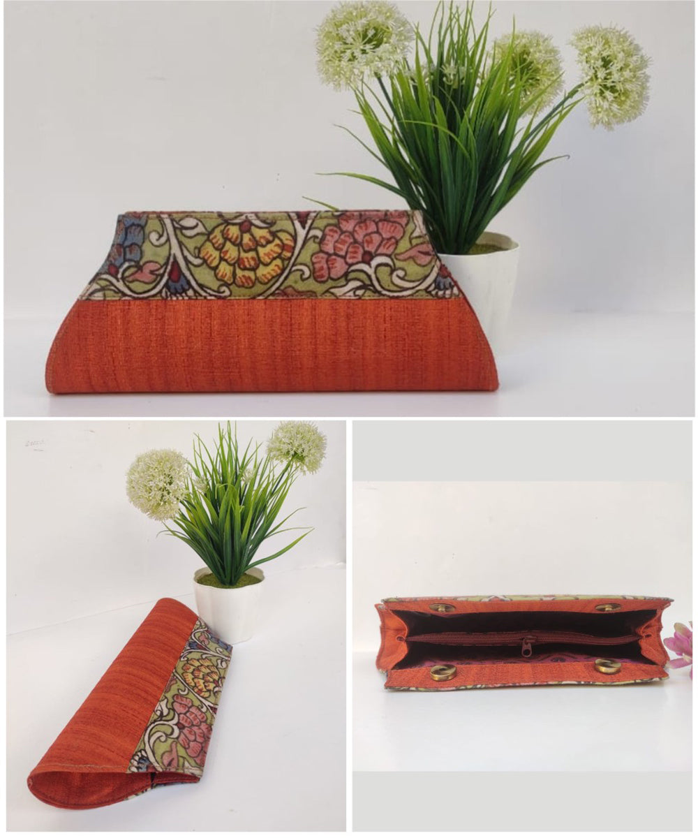 Orange handcrafted ghicha silk kalamkari clutch