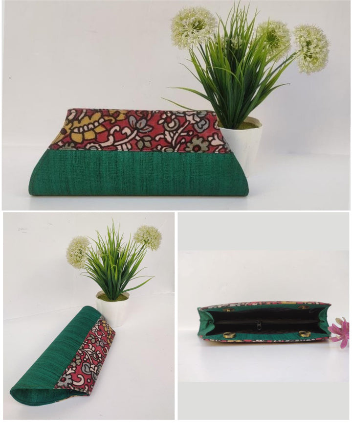 Green handcrafted ghicha silk kalamkari clutch