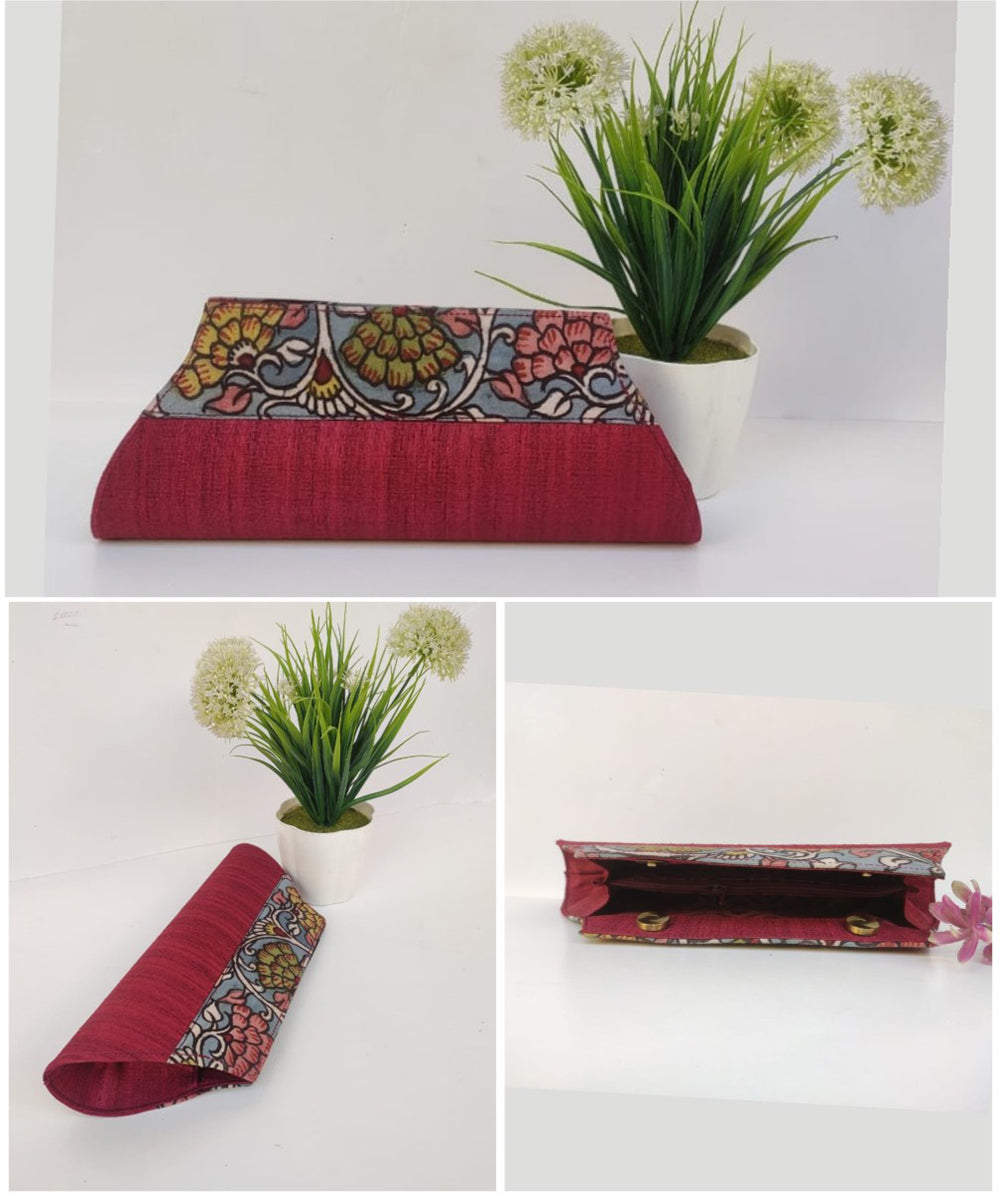 Maroon handcrafted ghicha silk kalamkari clutch
