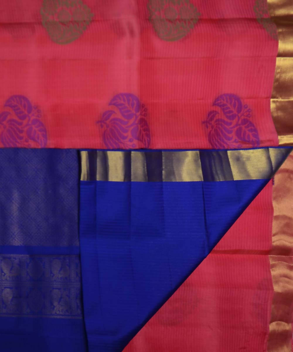 Peach Royal Blue Handloom Soft Silk Saree