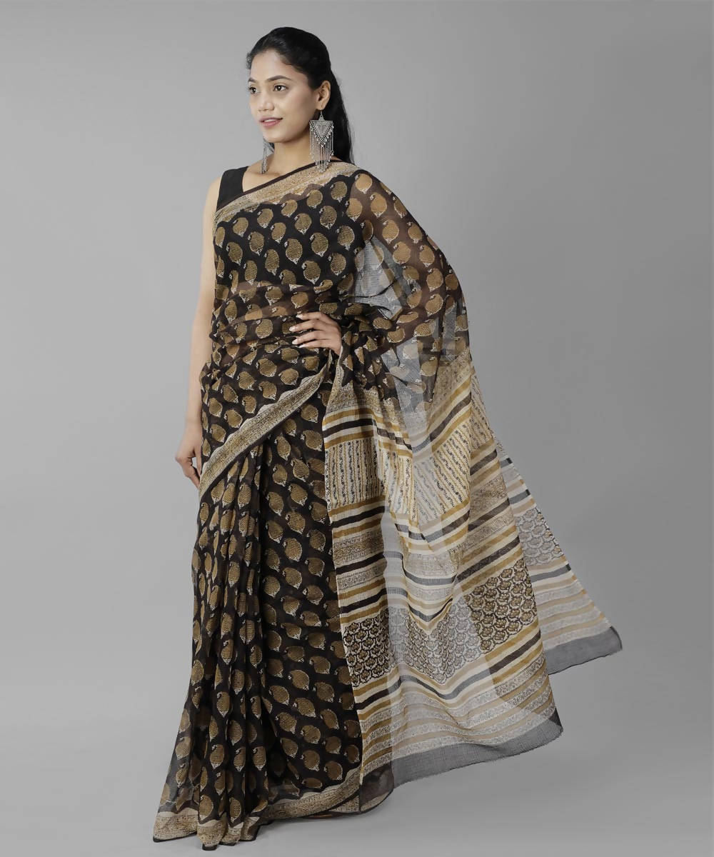 Black beige bagru handblock printed cotton saree