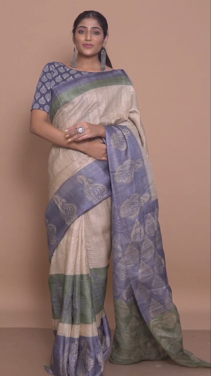 Off white handwoven tussar silk block print saree