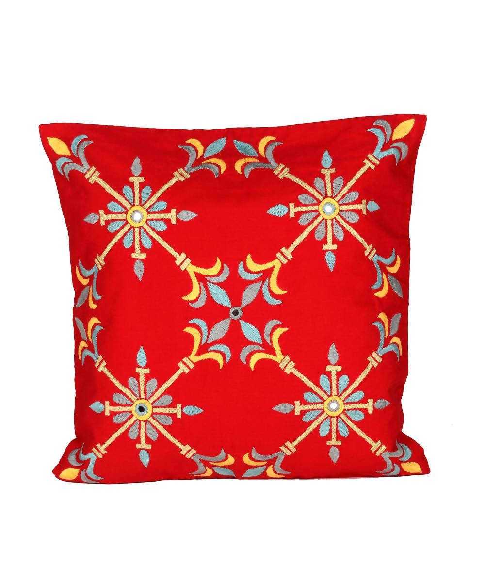 Red handcrafted soi embroidery cotton cushion cover