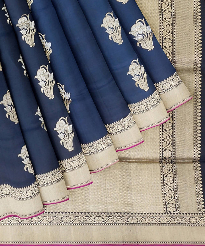 Navy blue handloom silk katan banarasi saree