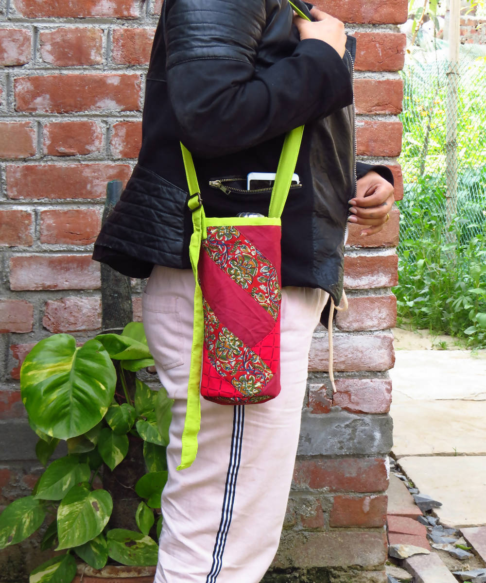 Red parrot green canvas and katta upcycled bottle bag