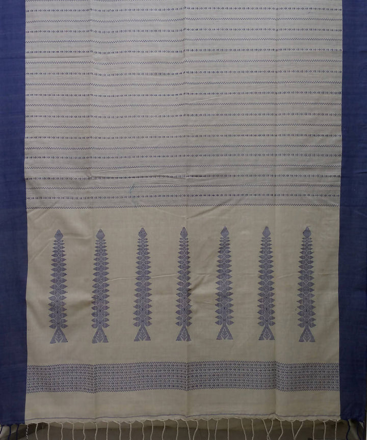 Beige Blue Handspun Handwoven Cotton Saree