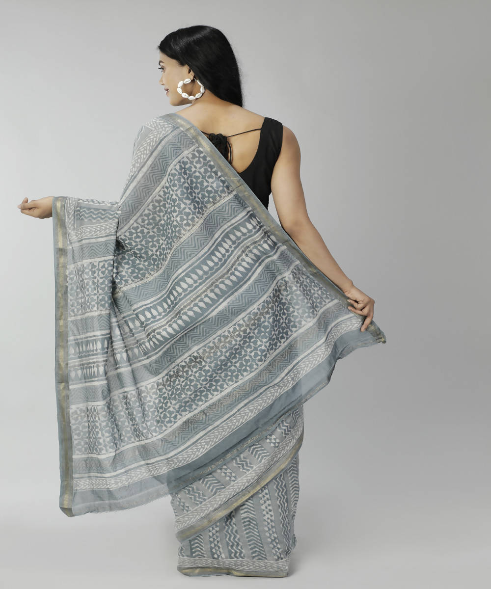 Grey bagru handblock printed cotton silk saree