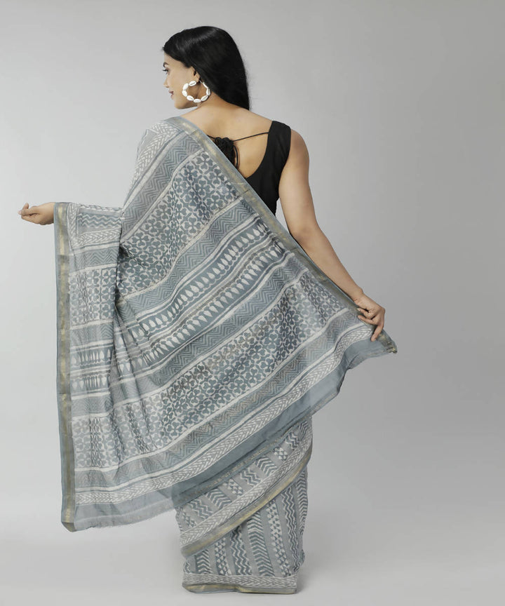 Grey bagru handblock printed cotton silk saree