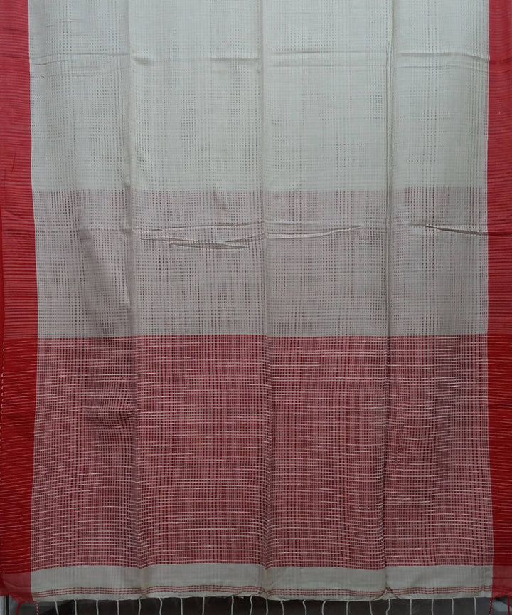 Beige Red Handspun Handloom Cotton Saree