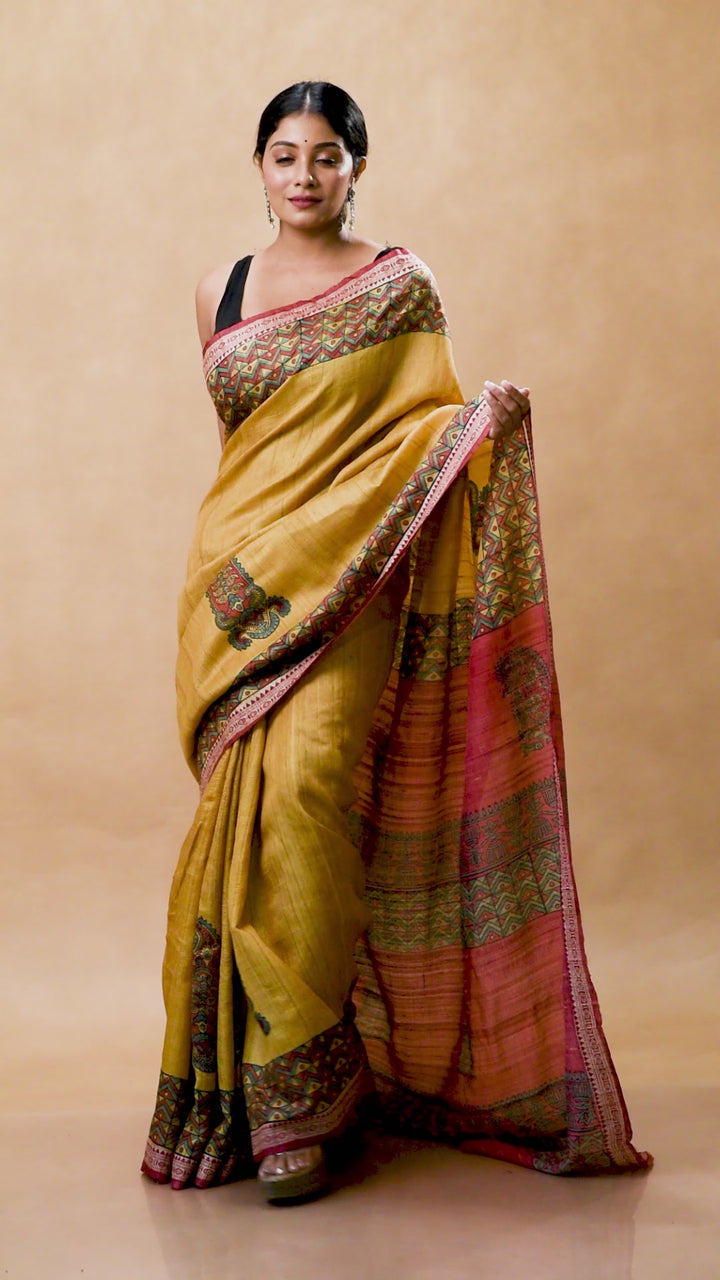 Mustard handwoven tussar silk block print saree