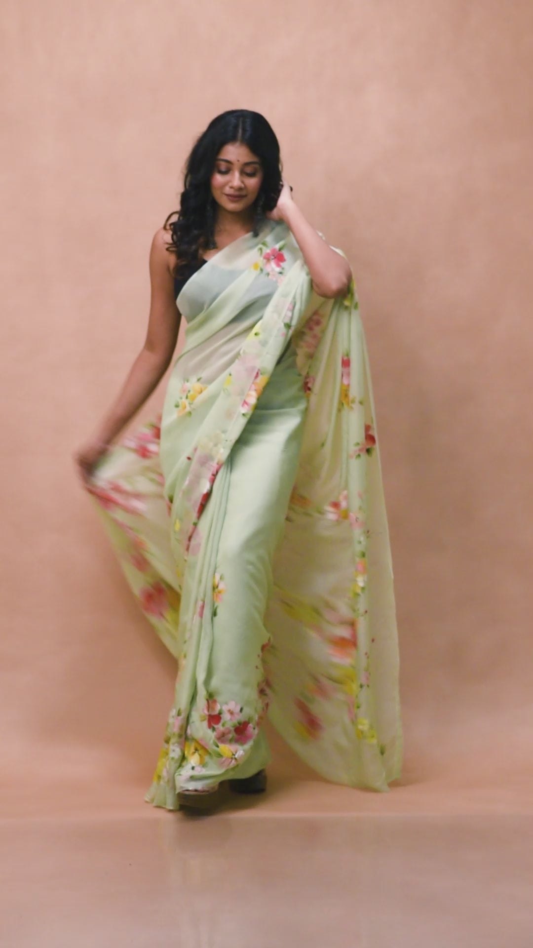 Pale green handwoven organza silk hand painted saree