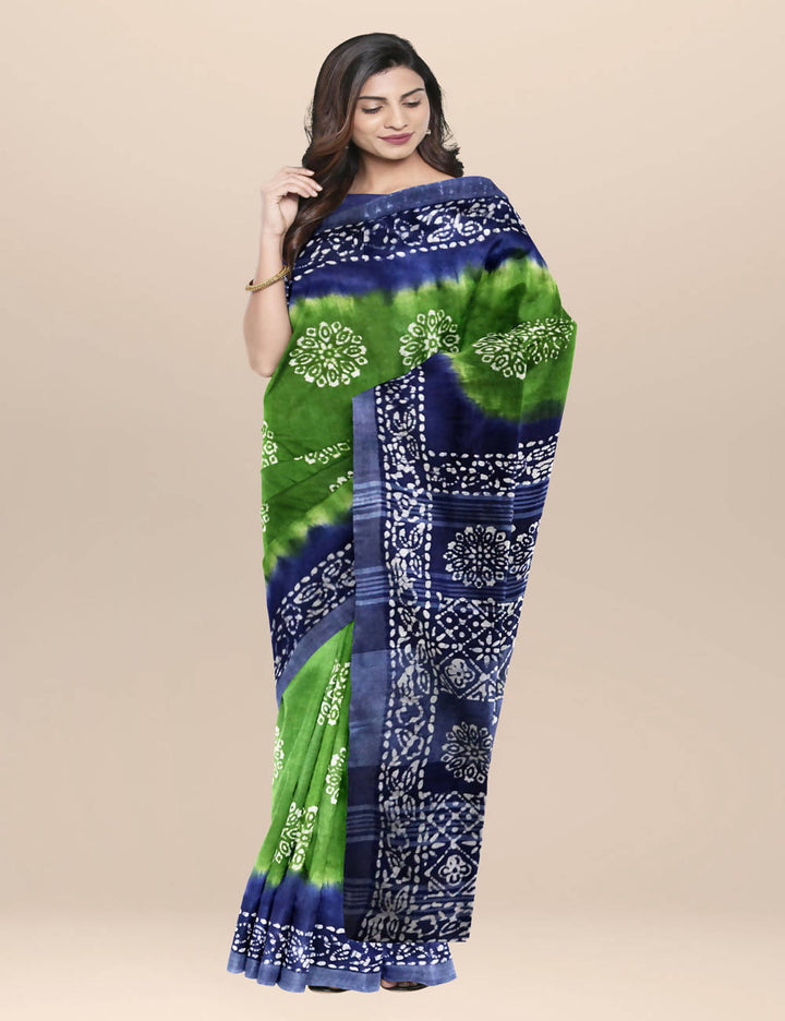 Green and Blue Cotton Batik Saree