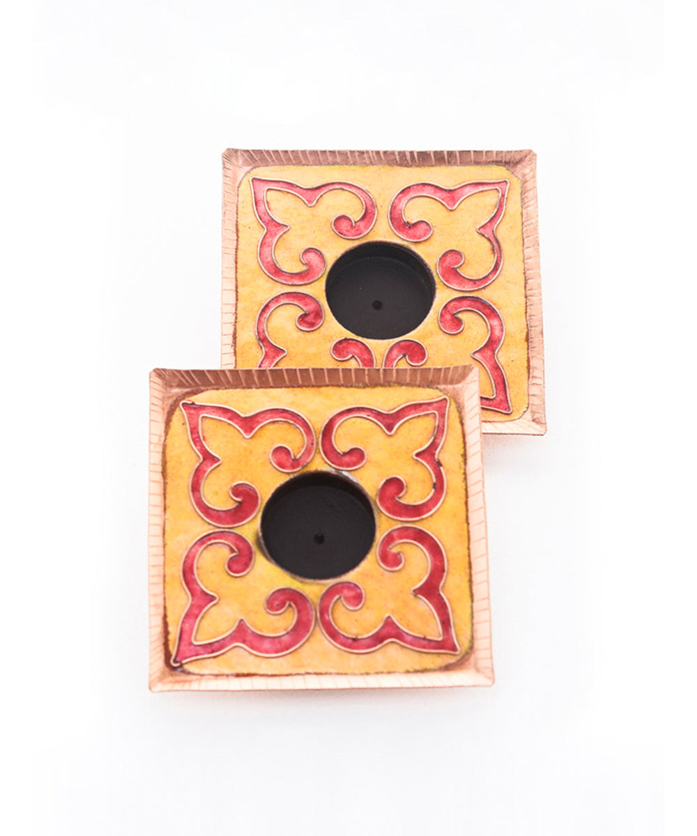 Yellow handcrafted square tealight holder set of 2