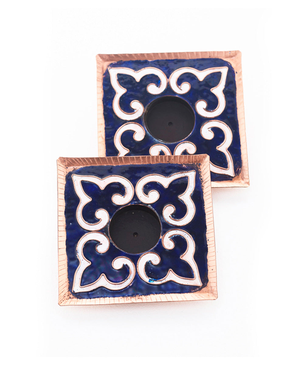 Dark blue handcrafted square tealight holder set of 2