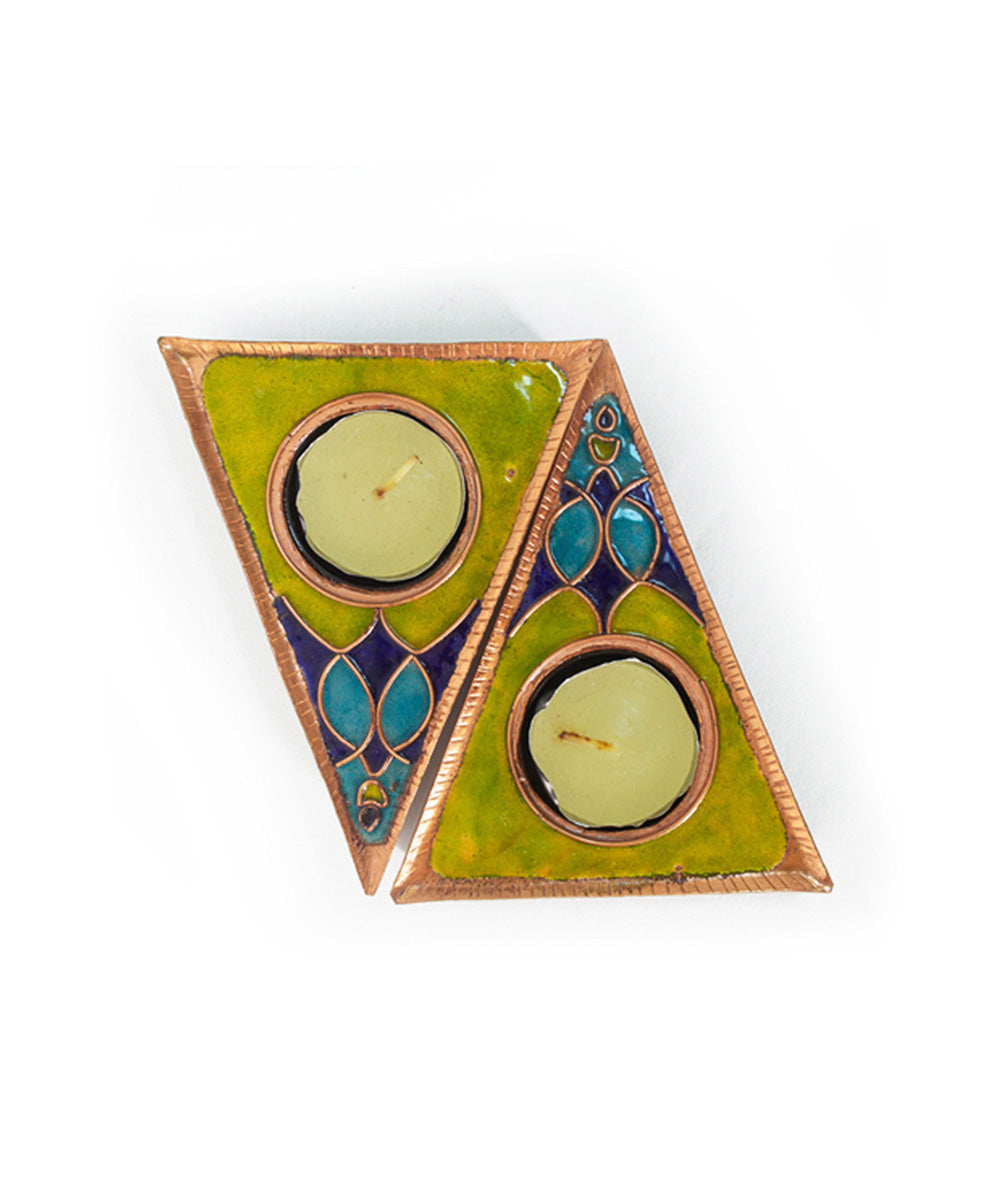 Green handcrafted tealight holder set of 2