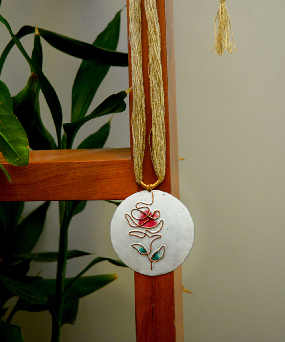 White rose copper enamel pendant with jute adjustable string