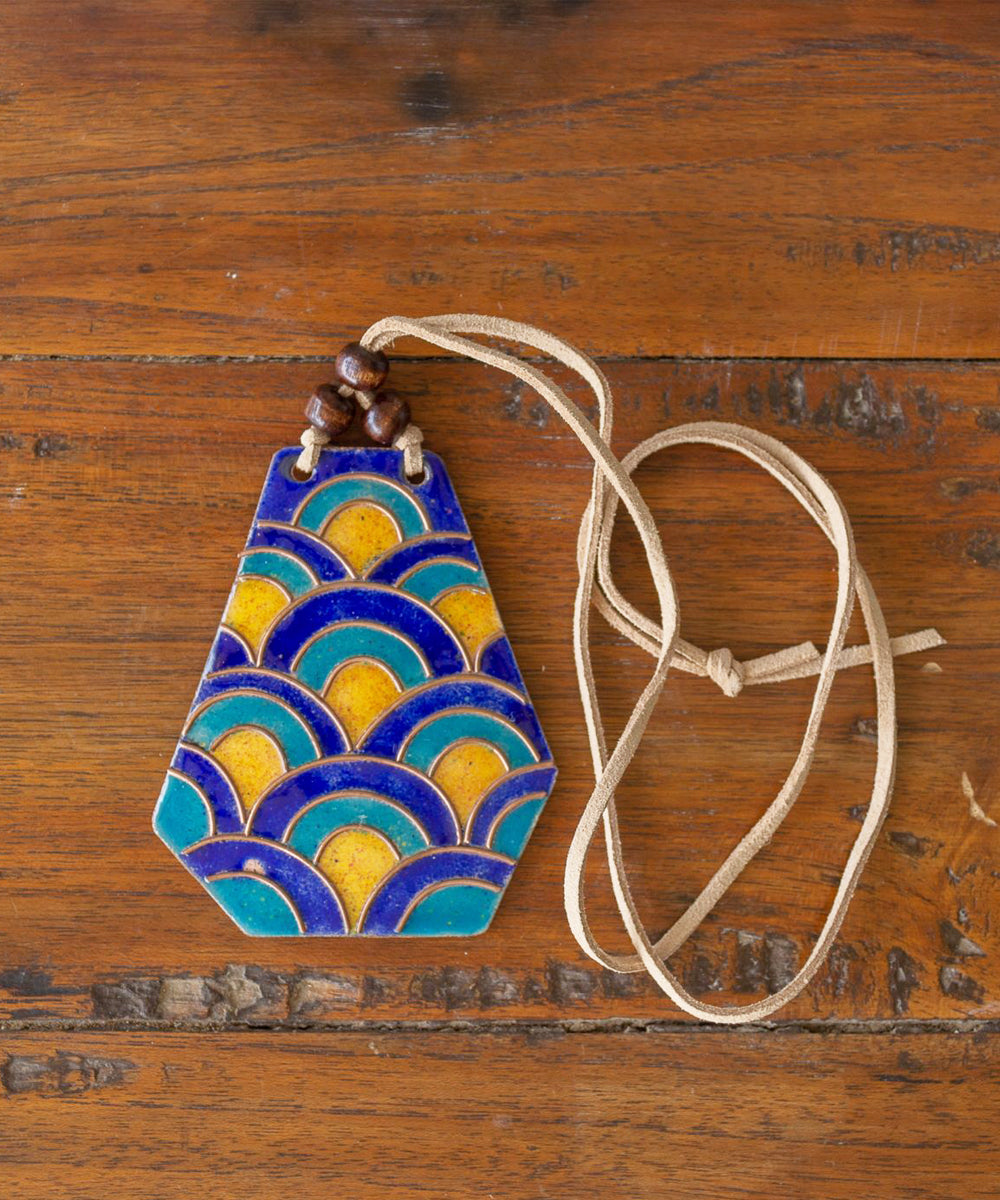 Multicolor copper enamel pendant with faux leather string wooden bead