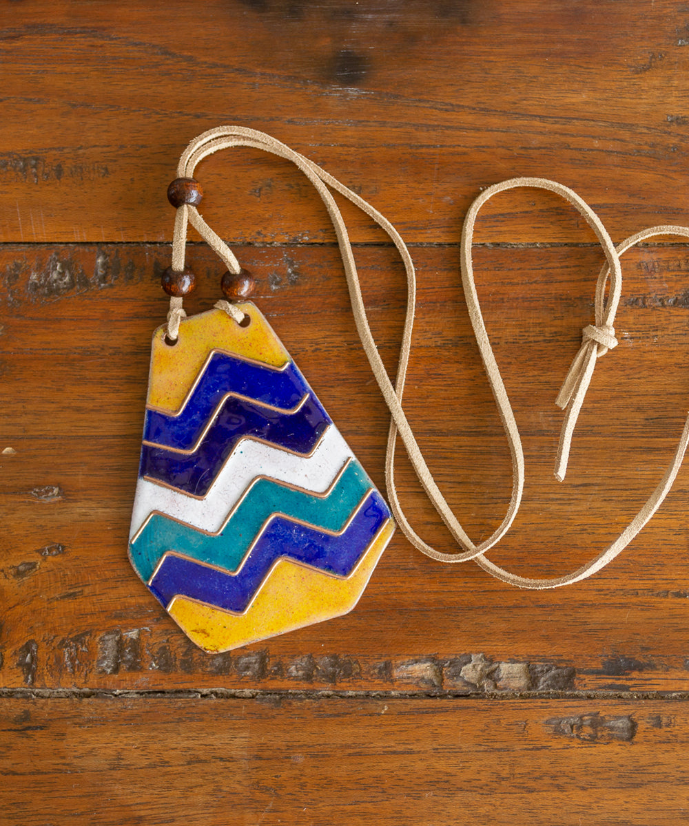 Multicolour copper enamel pendant with faux leather string wooden bead